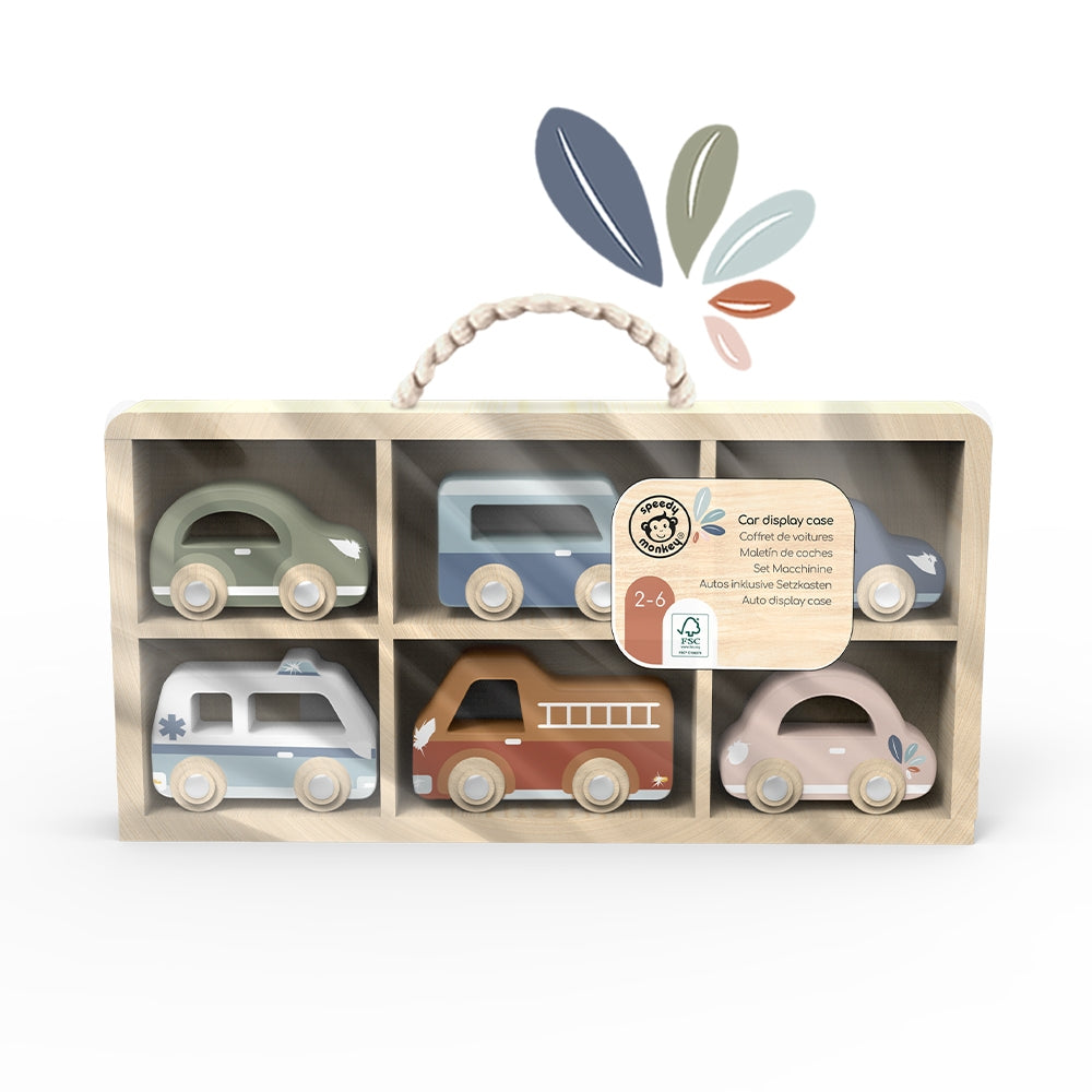Set of wooden toy cars in a display case with a white background