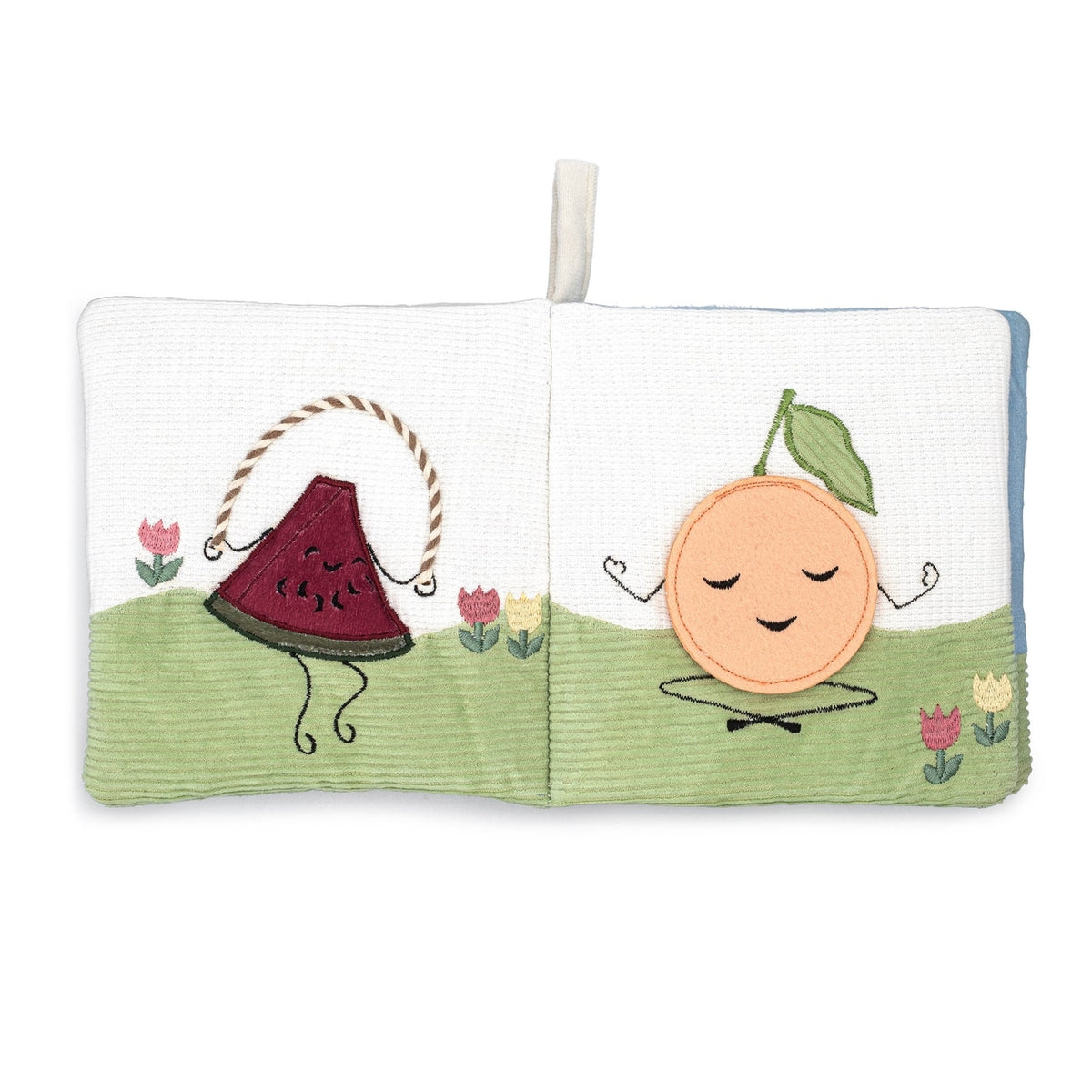 Children's book with illustrations of a watermelon and peach on a white background