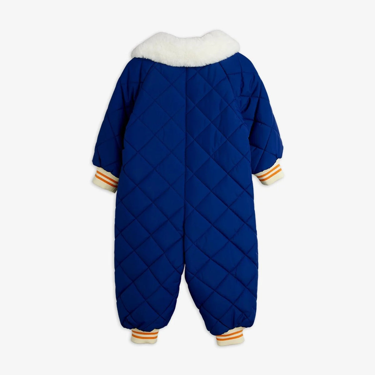 A royal blue quilted snowsuit with a white faux-fur collar and orange-and-white striped cuffs and foot cuffs, shown from the back on a light gray background.