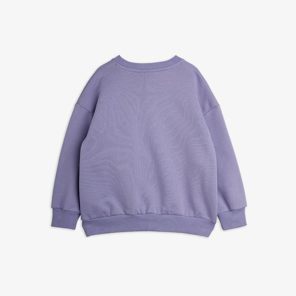 A lavender purple crewneck sweatshirt shown from the back, featuring a subtle wavy texture and ribbed cuffs and hem, set against a plain light gray background.