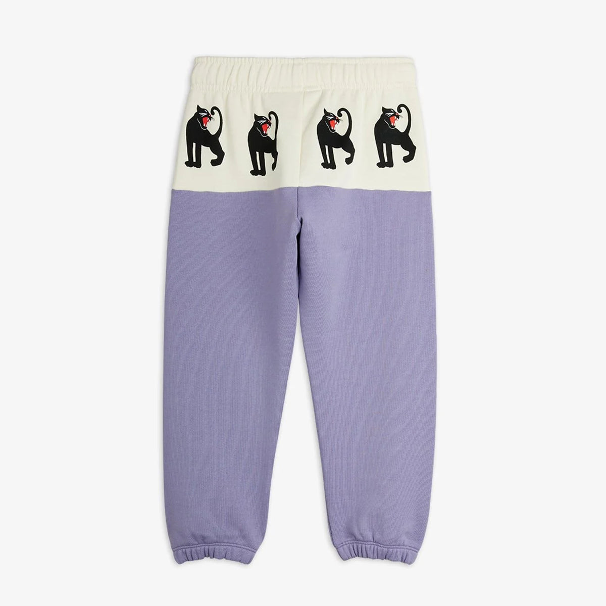 A pair of children's colorblock sweatpants in lavender and cream, featuring a white waistband with three black panther motifs.