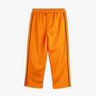 Bright orange athletic pants with black side piping and an elastic waistband, shown flat against a light gray background.