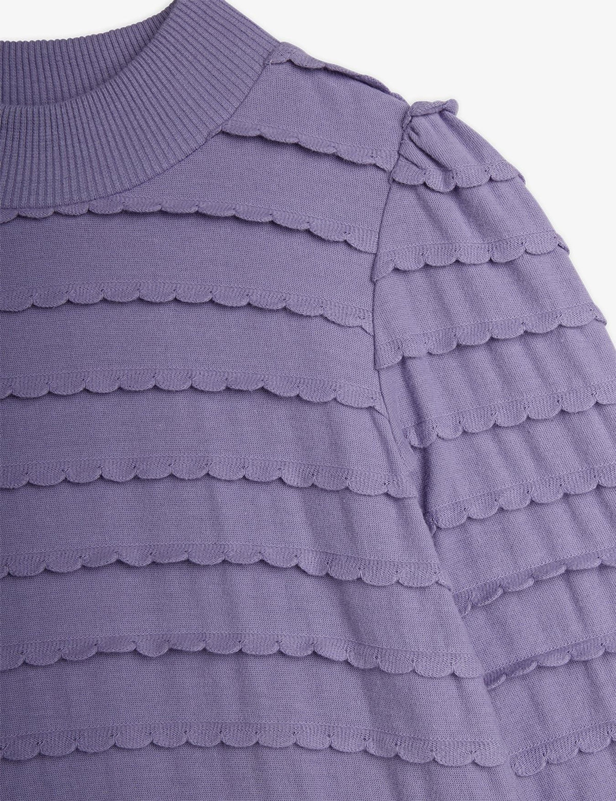 Close-up of a lavender purple knit top with horizontal scalloped ruffle details and a ribbed crew neck.