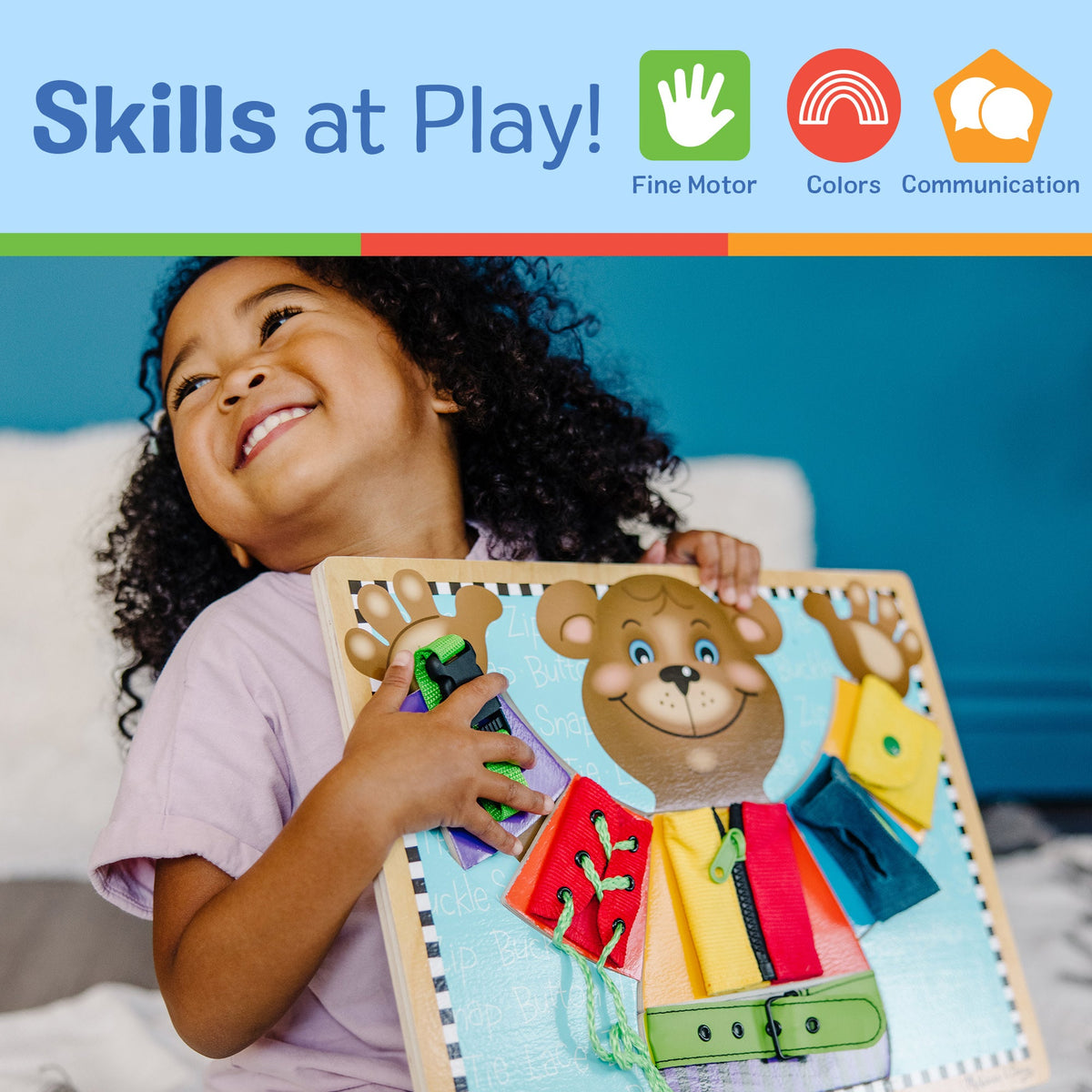 Child playing with a wooden bear puzzle toy, with 'Skills at Play!' branding above.