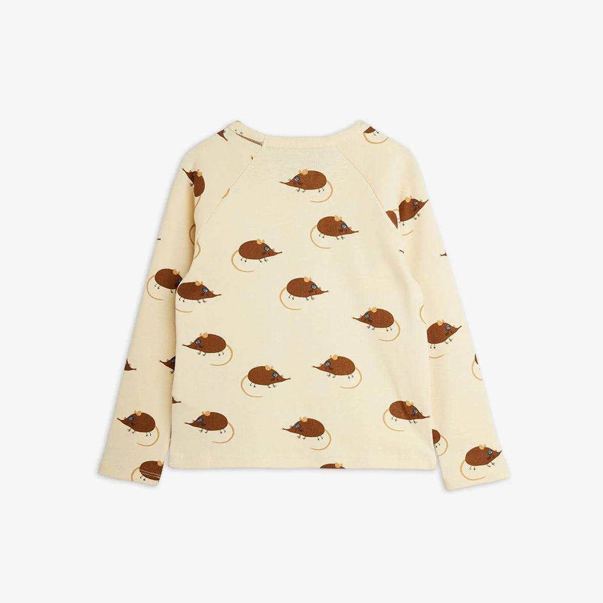 A cream-colored long-sleeve raglan sweatshirt featuring an all-over print of brown mice, displayed flat against a light gray background.