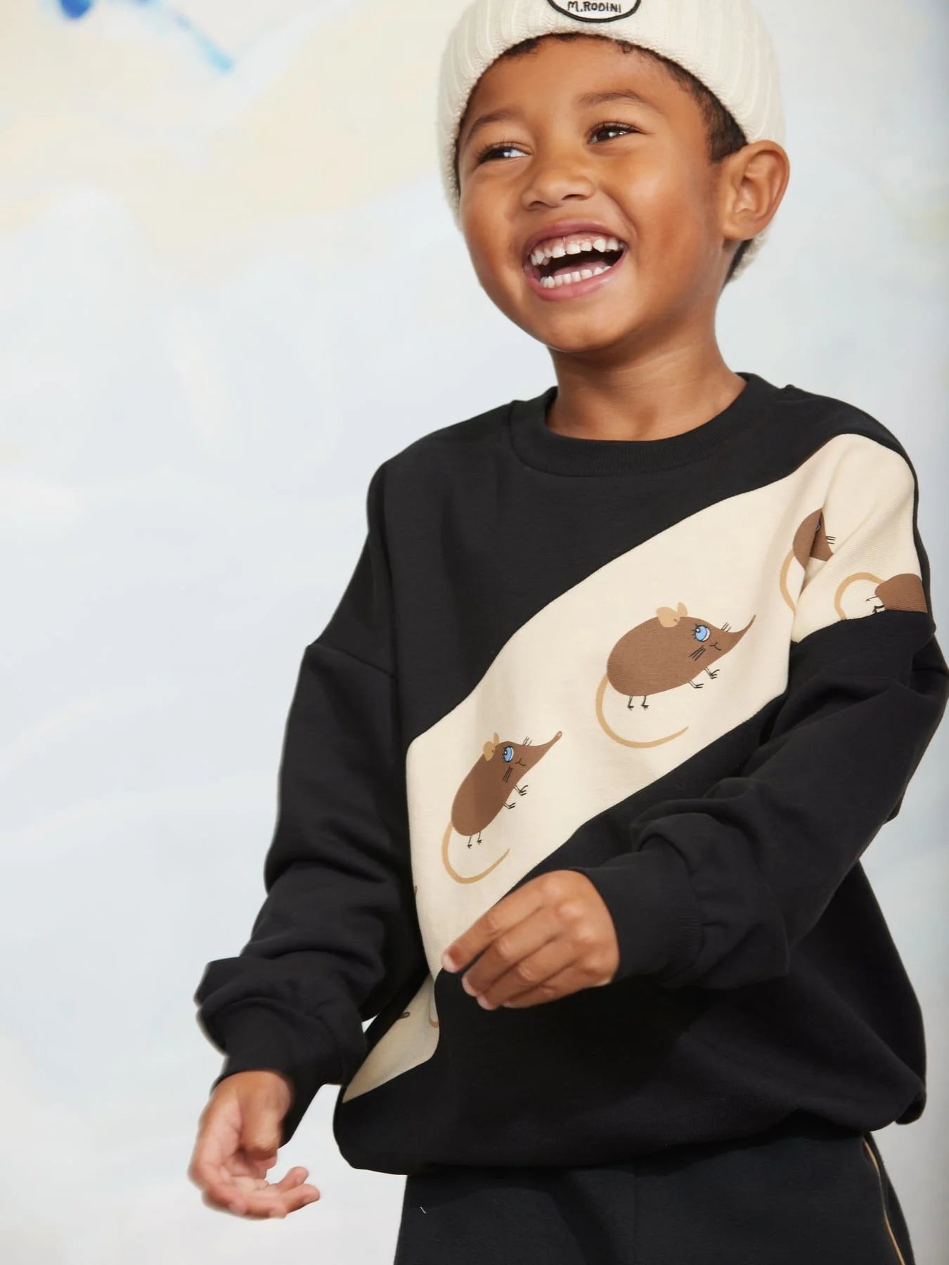 A young boy wearing a black and beige sweatshirt with a diagonal graphic panel featuring cartoon aardvarks, paired with a cream beanie hat.