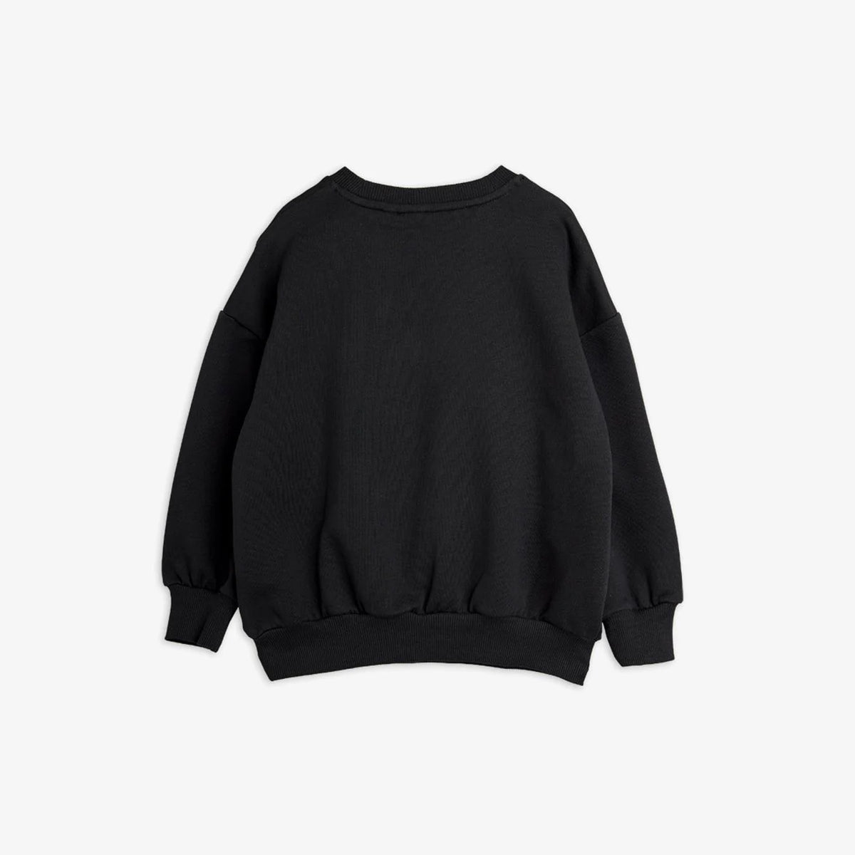 A black long-sleeve crewneck sweatshirt with a relaxed, oversized fit and ribbed cuffs and hem, shown from the back on a light gray background.