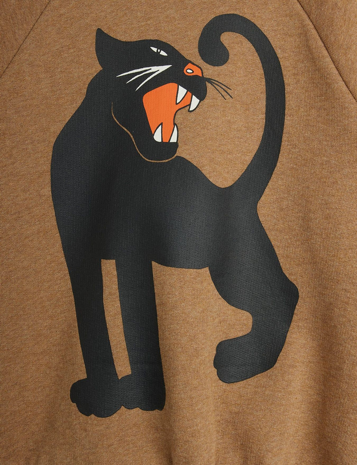 Close-up of a brown heathered sweatshirt featuring a large black panther graphic with an orange mouth and white details.
