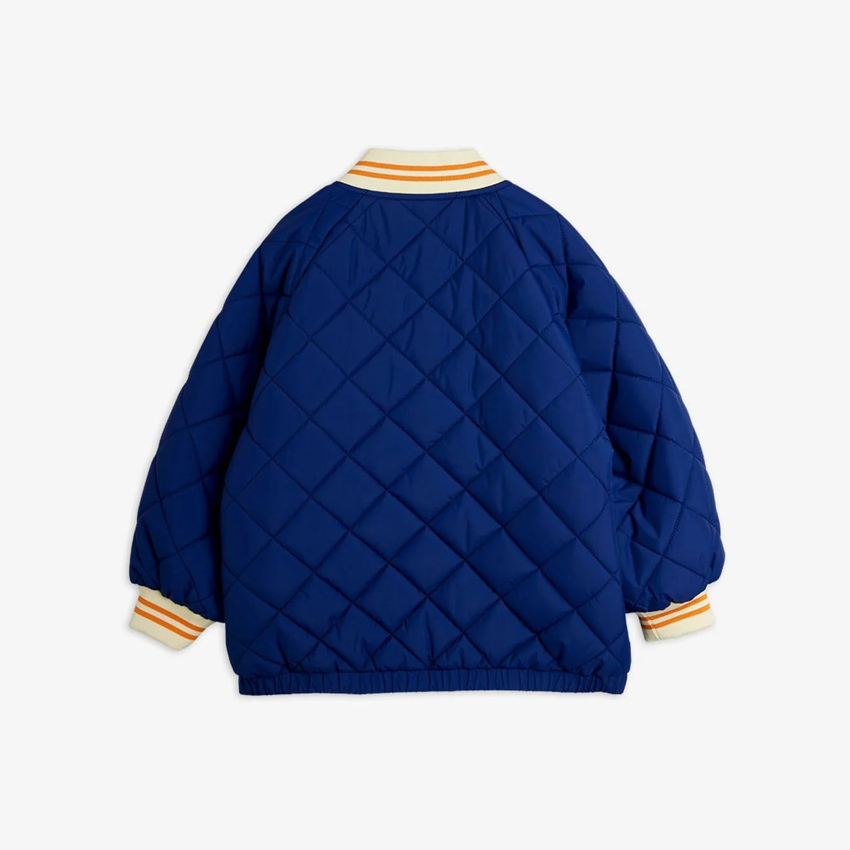 A navy blue quilted puffer jacket shown from the back, featuring cream ribbed trim with orange stripes on the collar and cuffs, set against a light gray background.
