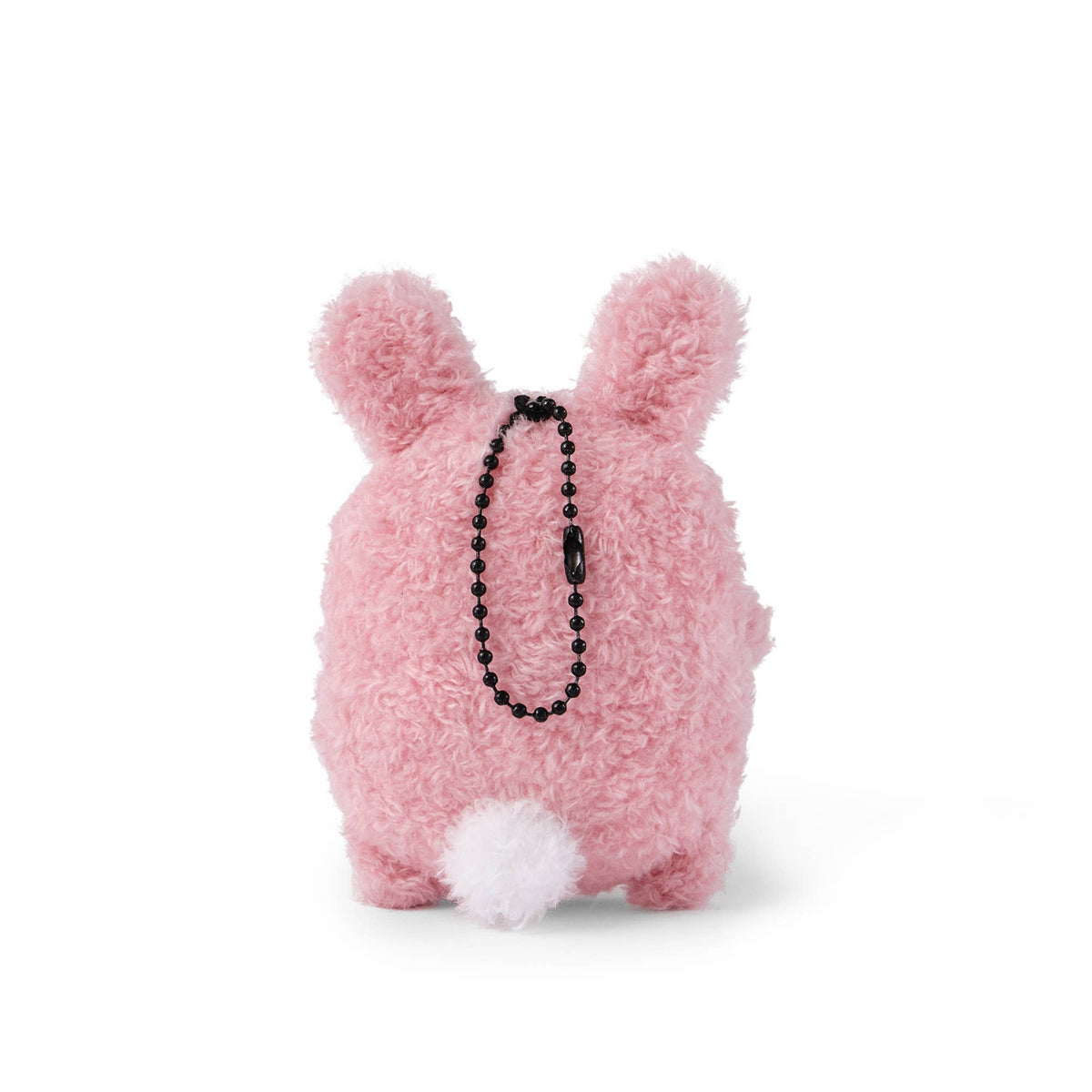 Pink plush toy with a black bead necklace on a white background