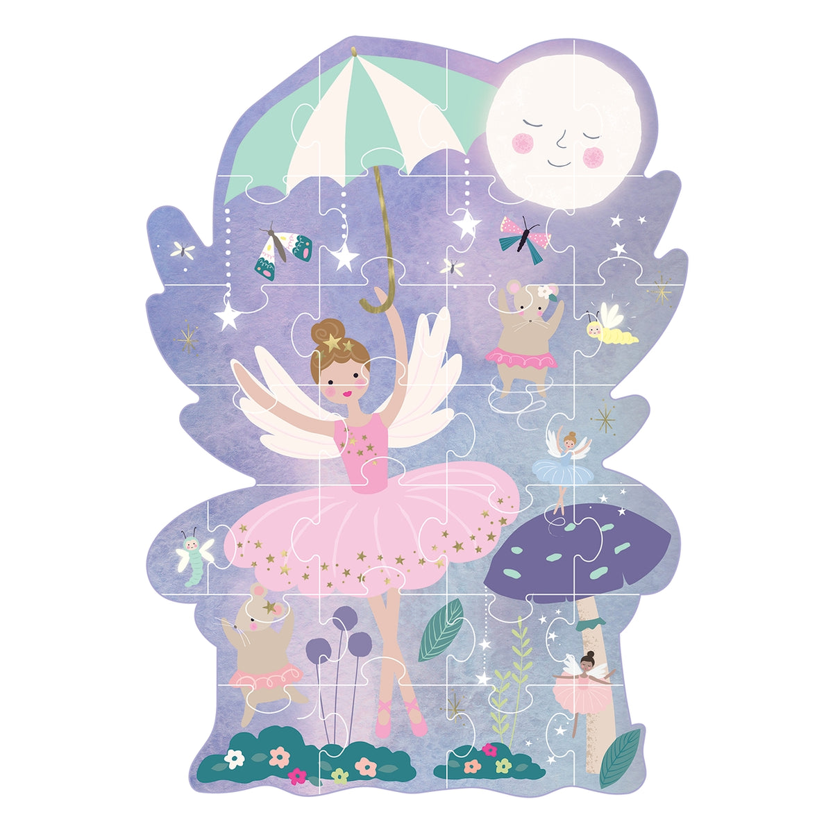 Children's fairy-themed puzzle with a fairy character and various elements on a white background