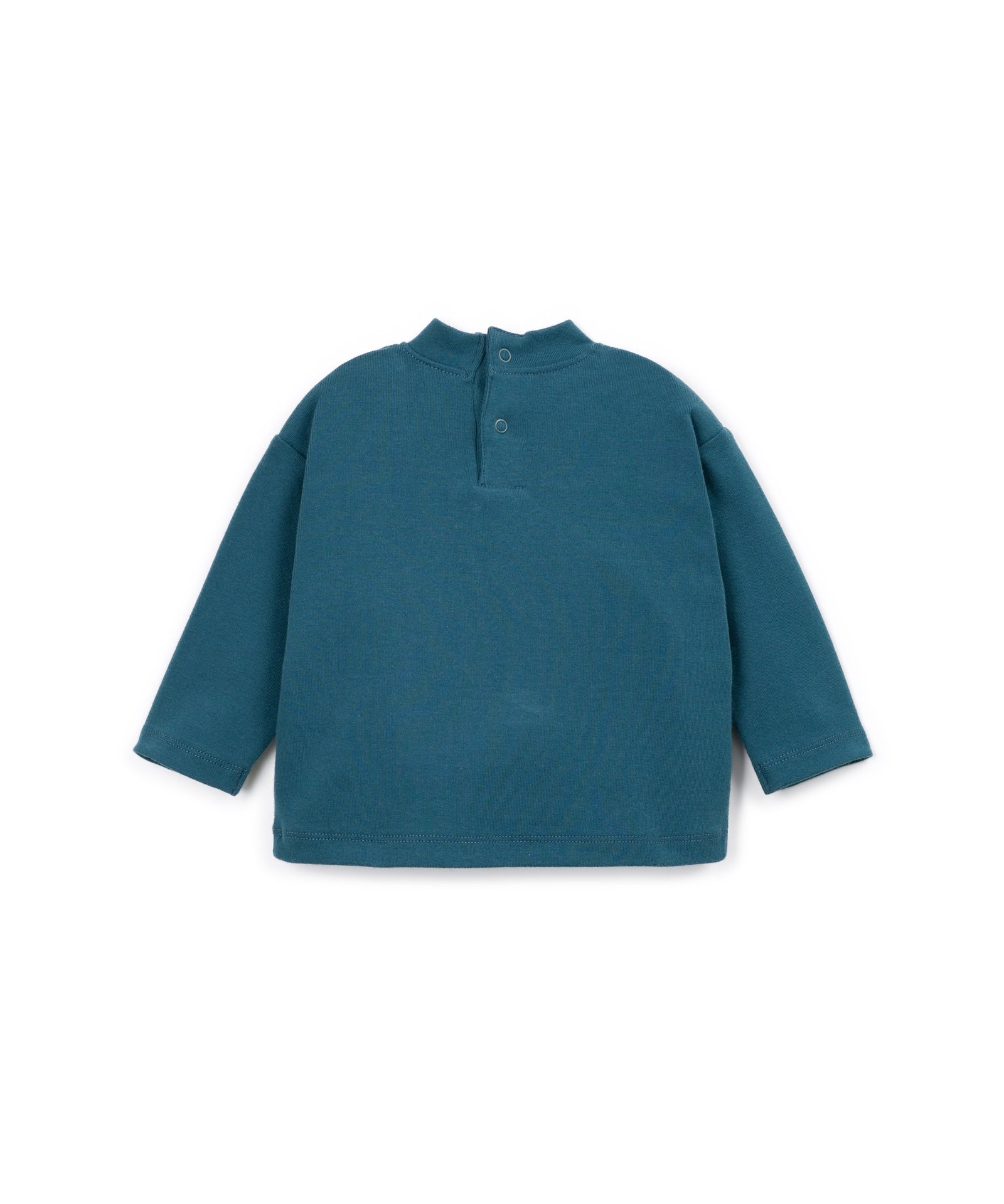 A long-sleeve knit top in a muted teal blue-green color, featuring a short button placket and a mock neck collar, laid flat on a white background.