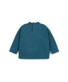 A long-sleeve knit top in a muted teal blue-green color, featuring a short button placket and a mock neck collar, laid flat on a white background.