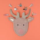 Decorative reindeer head with small Christmas-themed items on an orange background