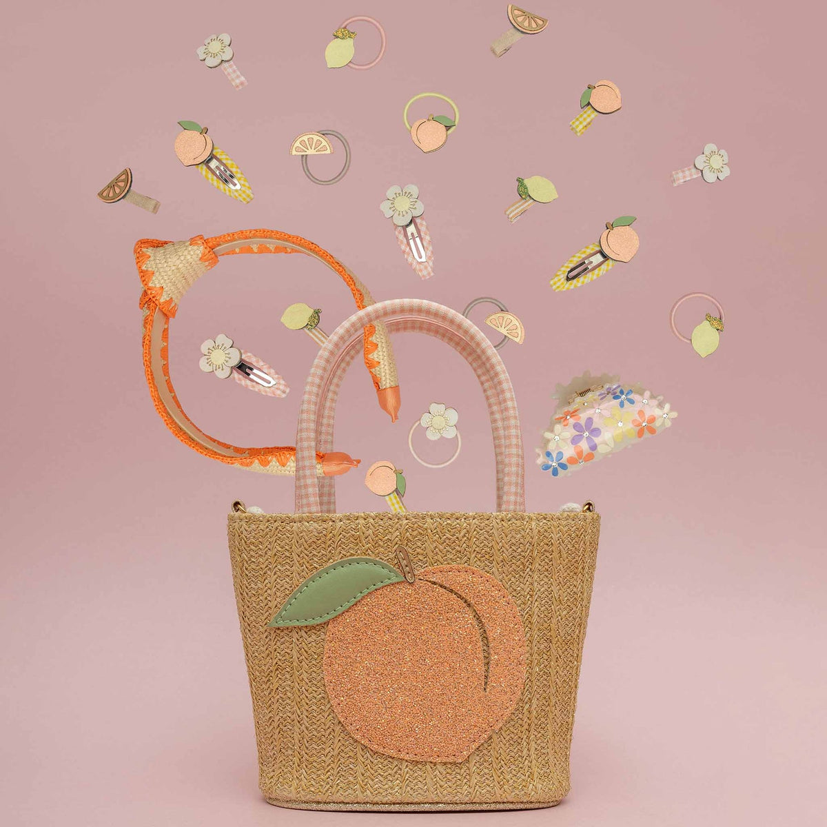 Woven bag with peach design on a pink background