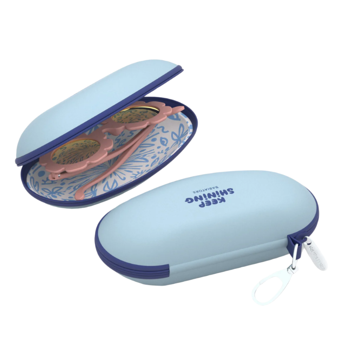 Blue sunglasses case with pink sunglasses inside on a white background