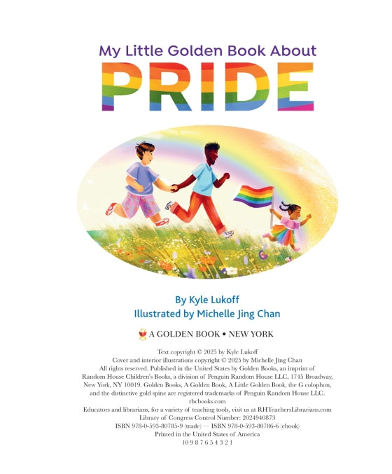 Book cover of 'My Little Golden Book About Pride' with two children holding hands and a rainbow flag.