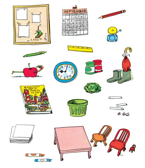 Collection of colorful school-themed illustrations including a calendar, clock, books, and furniture on a white background.