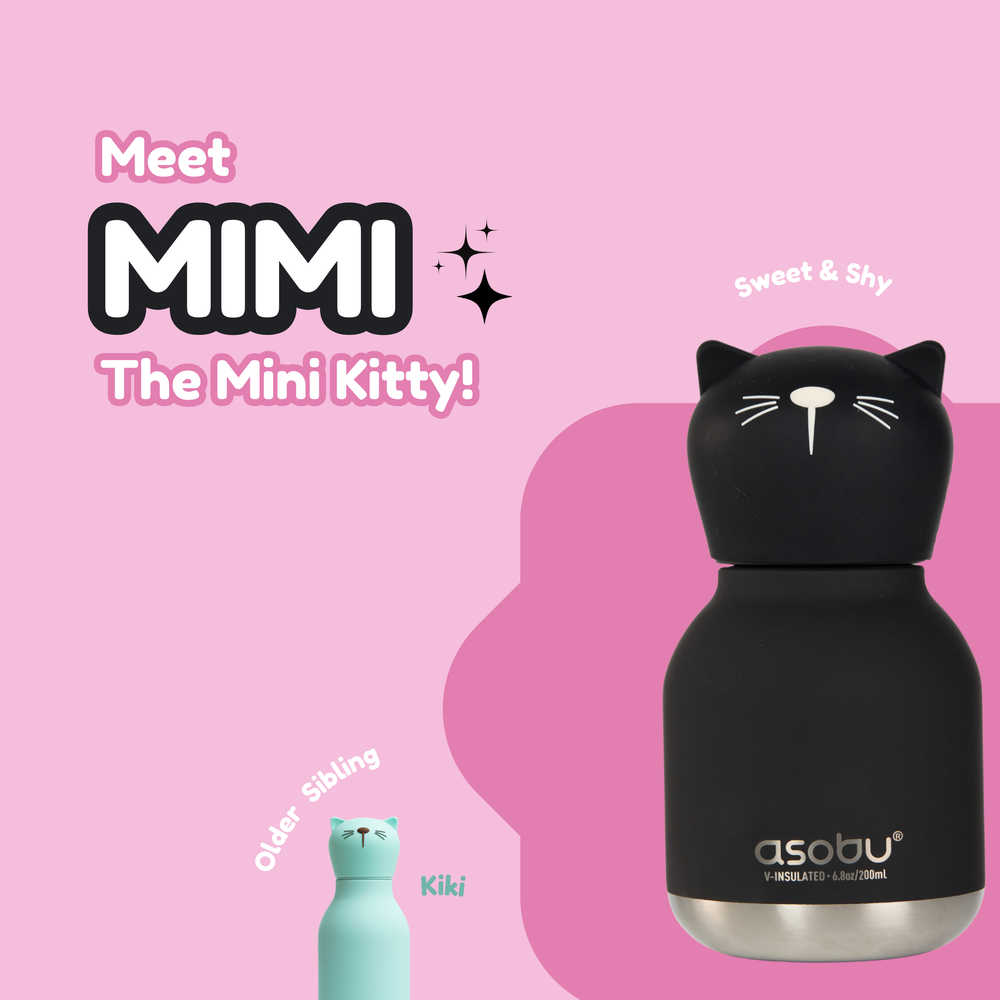 Black cat-shaped water bottle with 'asobu' branding on a pink background, introducing 'MIMI the Mini Kitty'.