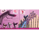 Illustrated book page with cartoon donkeys and a pink background