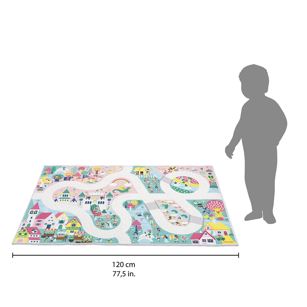 Children's play mat with road patterns and a child's silhouette for scale on a white background