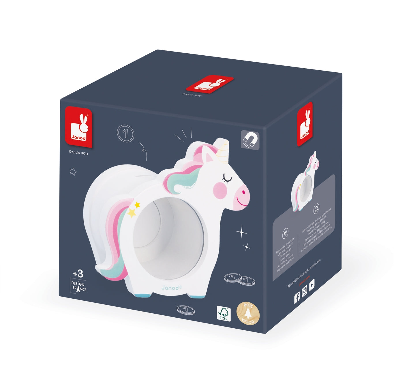 A dark navy blue product box for a unicorn-themed toy, featuring a large illustration of a white unicorn with pastel pink, blue, and mint green accents on the front.