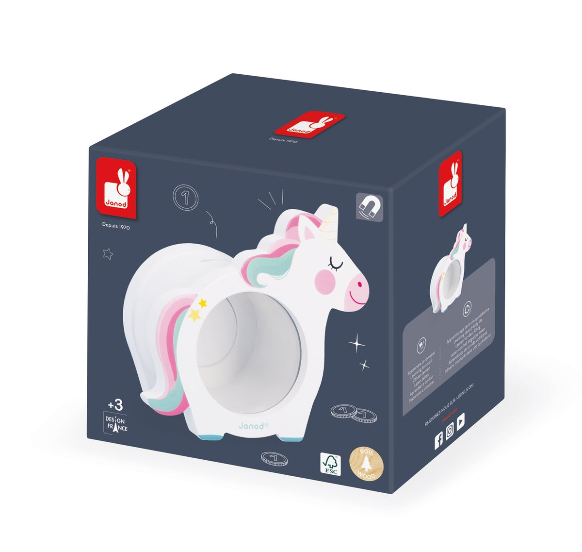 A dark navy blue product box for a unicorn-themed toy, featuring a large illustration of a white unicorn with pastel pink, blue, and mint green accents on the front.