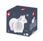 A dark navy blue product box for a unicorn-themed toy, featuring a large illustration of a white unicorn with pastel pink, blue, and mint green accents on the front.