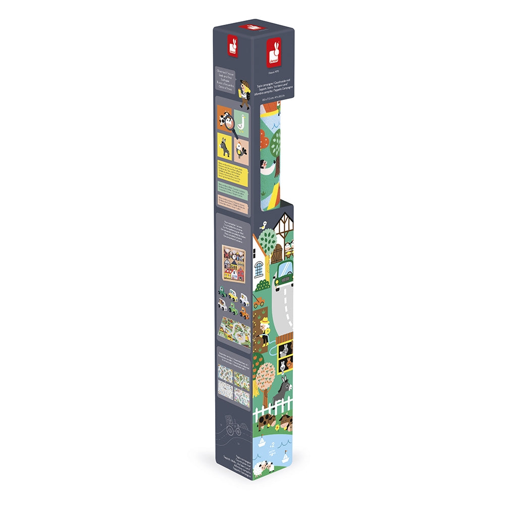 Tall, cylindrical packaging with colorful illustrations on a white background