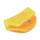 Yellow plastic fruit picker tool on a white background