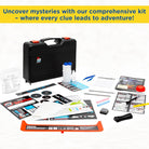 A comprehensive kit displayed on a white background with a yellow header banner. The kit includes a black hard carrying case, two clear bottles with blue caps, a blue pen, a black flashlight, a black tool with an orange handle, stickers, printed cards, and other small accessories.
