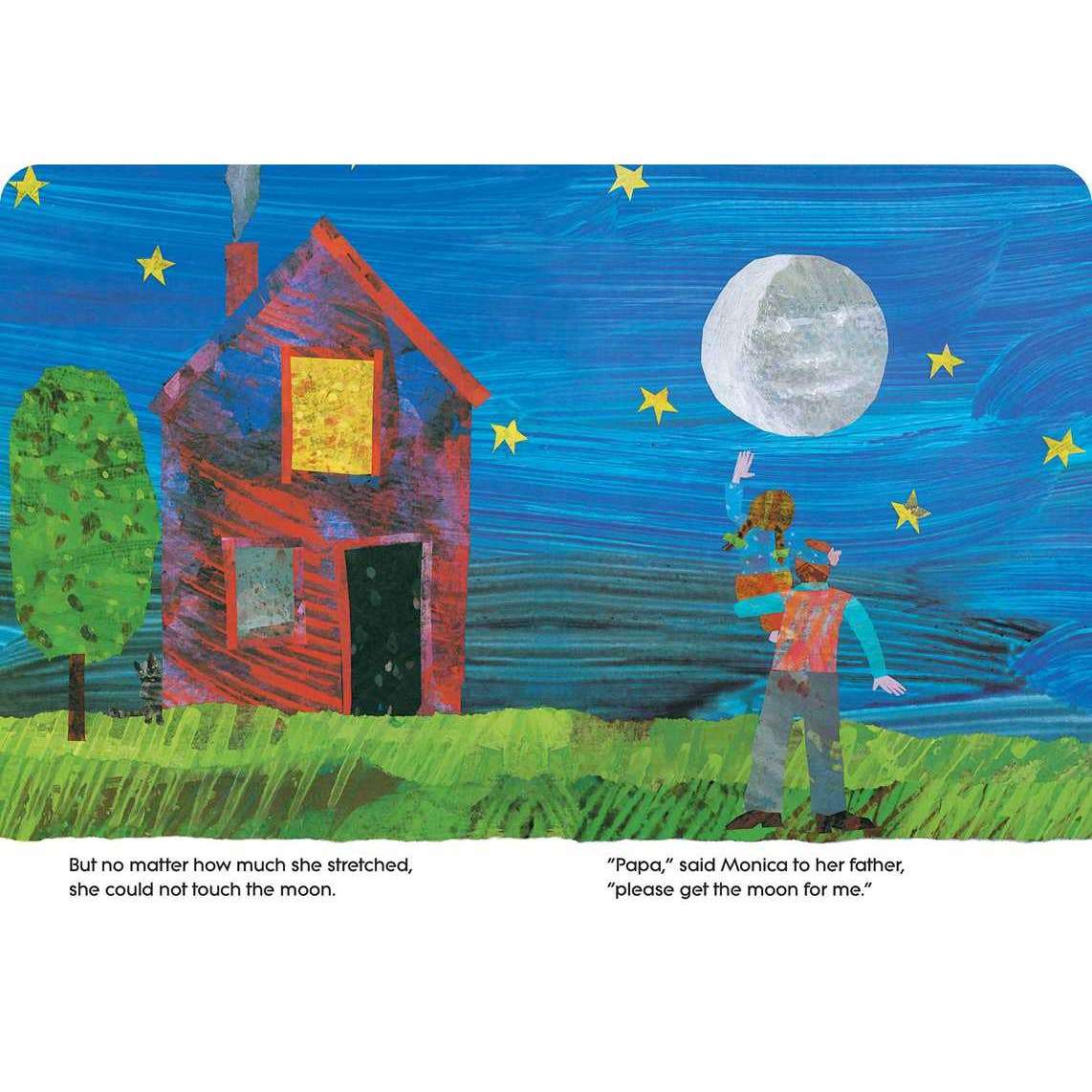 Illustration of a child reaching for the moon in front of a house with stars and a moon in the sky.