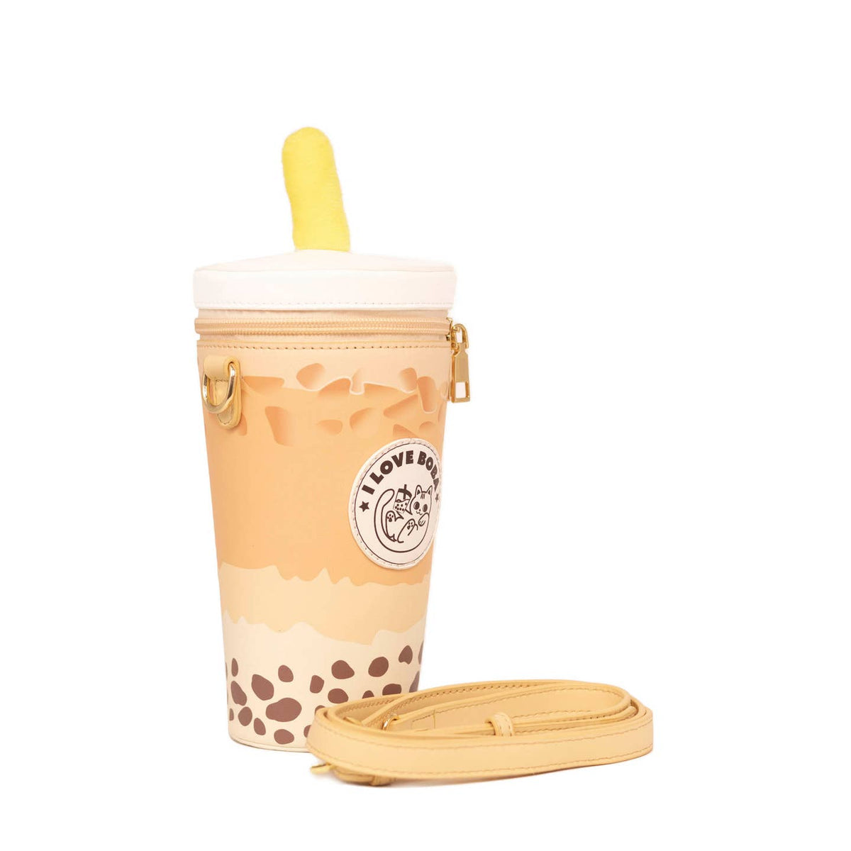 Cup-shaped pouch with bubble tea design and straw on a white background