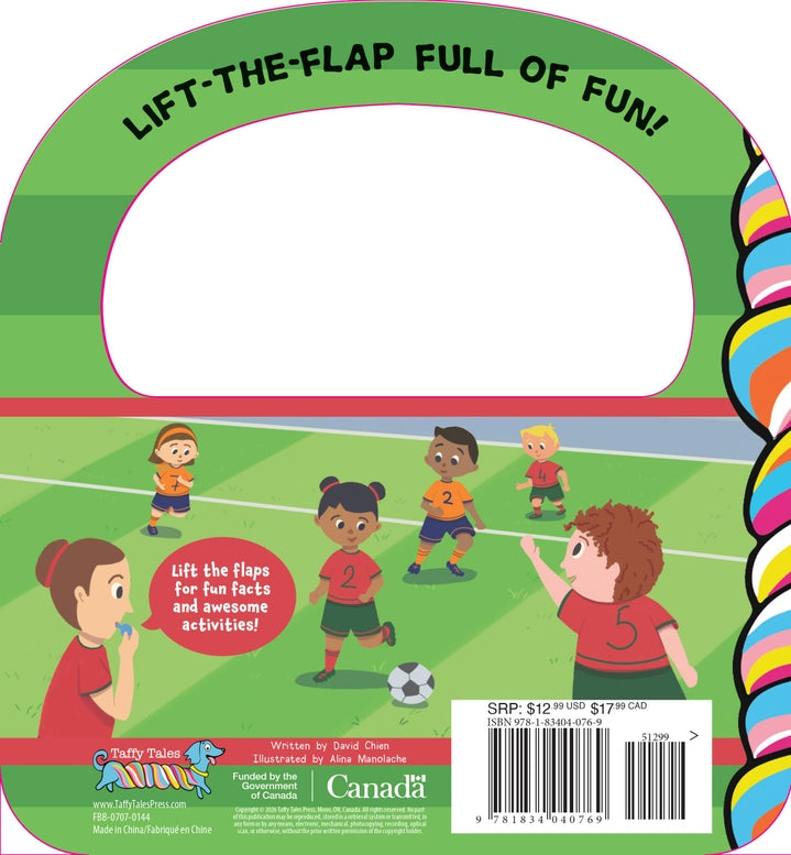 A children's picture book spread showing a soccer game on a green field, with illustrated players, goals, and text boxes at the top and bottom