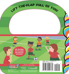 A children's picture book spread showing a soccer game on a green field, with illustrated players, goals, and text boxes at the top and bottom