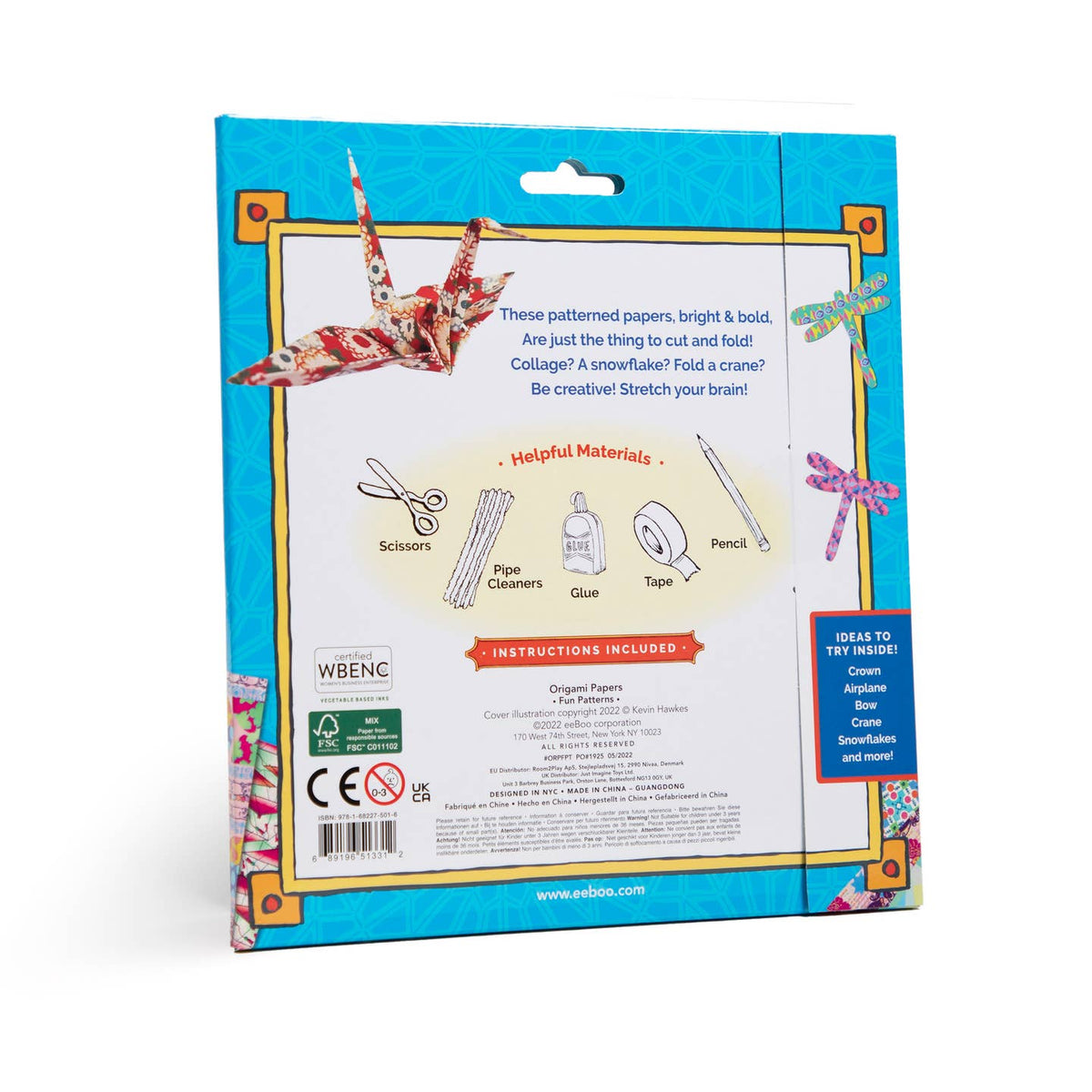 Package of patterned papers with scissors, glue, and other materials on a white background