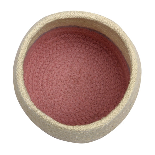 Round container with red interior and beige exterior on a white background