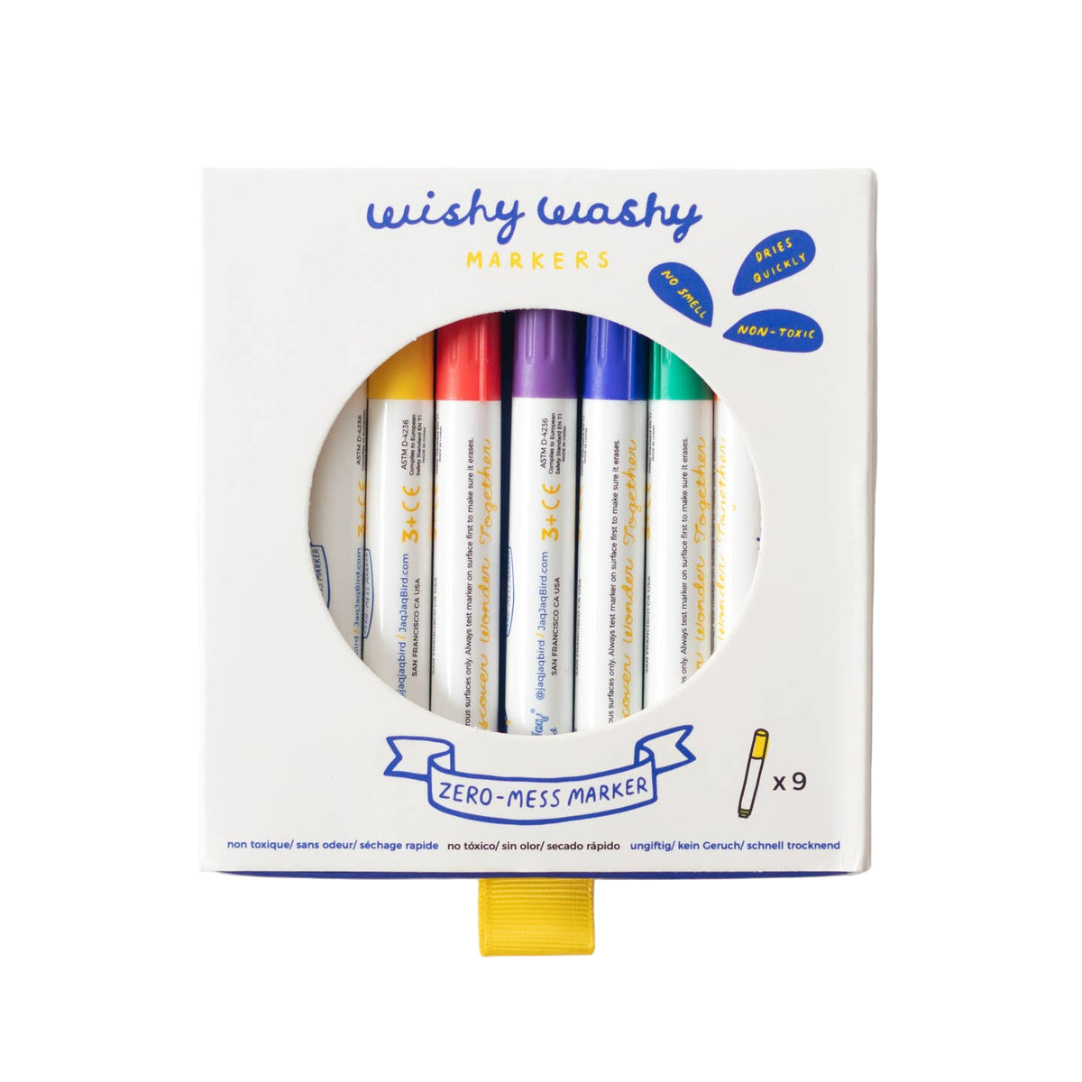 A 9-pack of Wishy Washy Zero-Mess Markers in a white cardboard box with a circular window showing the colorful markers inside.