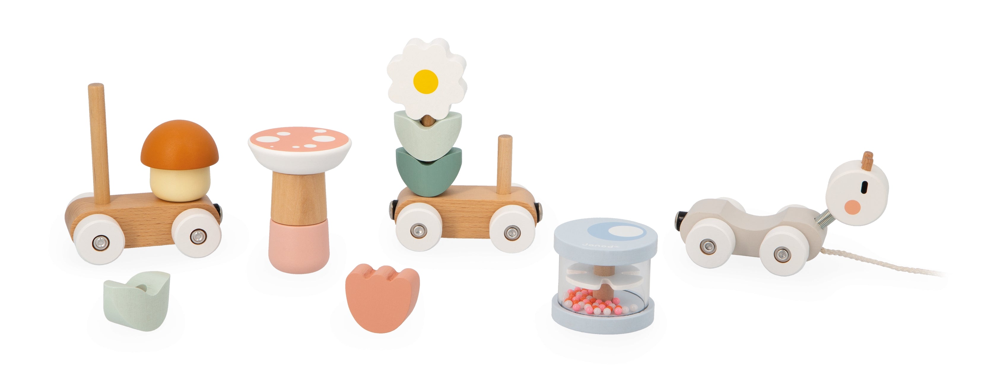 Set of wooden toys with wheels on a white background