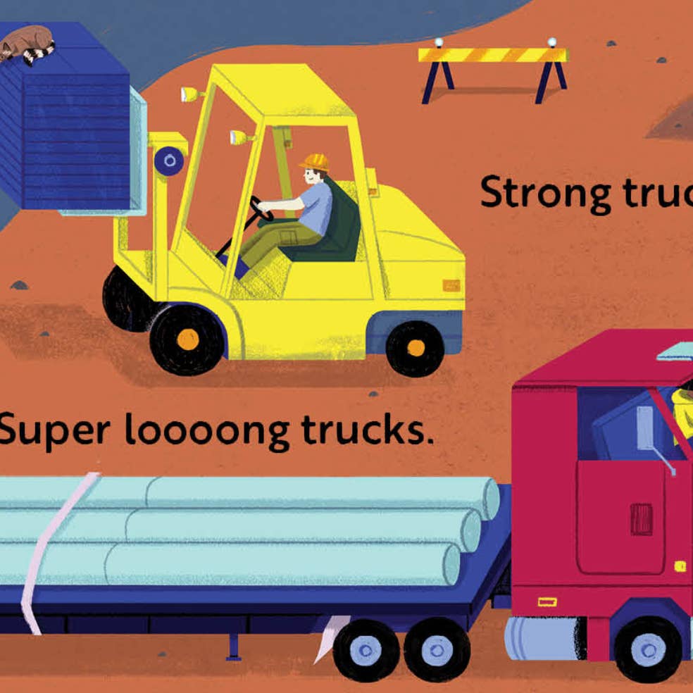 Illustration of a forklift and a long truck on an orange background with text.