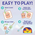 Instructions for a marshmallow roasting game with cartoon marshmallows and sticks on a light purple background.