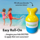 SunEasy sunscreen application device with two children playing in the water.