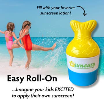 SunEasy sunscreen application device with two children playing in the water.