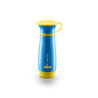 A blue and yellow Wonder Cup water bottle with a yellow lid and carrying loop, shown on a clean white background.