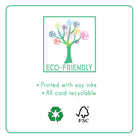 Eco-friendly card with tree illustration, recycling, and FSC logos on a white background