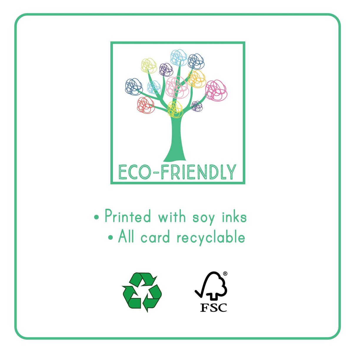 Eco-friendly card with tree illustration, recycling, and FSC logos on a white background