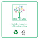 Eco-friendly certification graphic with a stylized tree made of colorful scribbled leaves, the text 'ECO-FRIENDLY,' bullet points reading 'Printed with soy inks' and 'All card recyclable,' plus recycling and FSC logos on a white background with a green border.