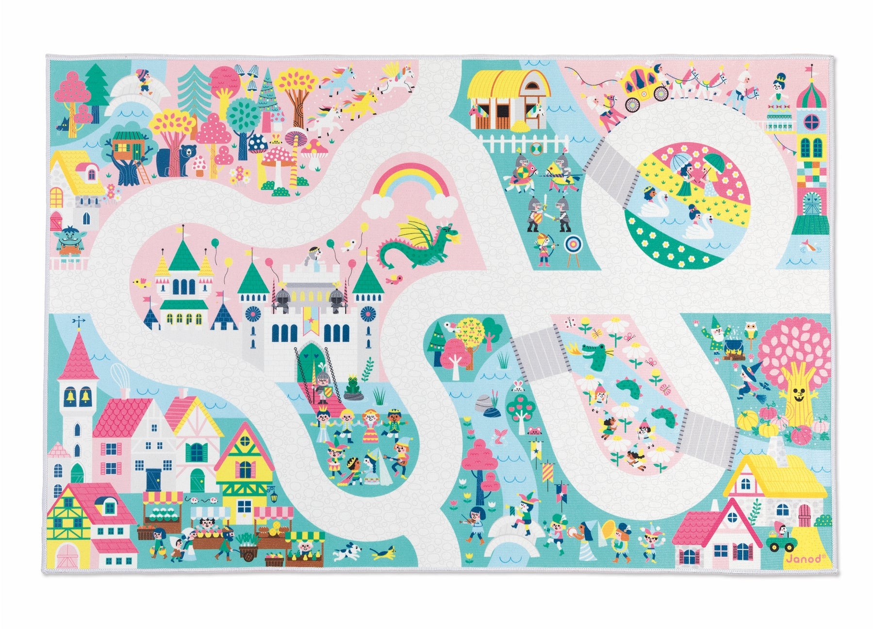 A colorful children's play mat featuring a whimsical illustrated landscape with winding white roads, pastel houses, trees, animals, and playful scenes. The design uses soft pastel colors including pink, blue, yellow, green, and purple.