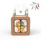 Children's wooden toy with bead chain and animal illustrations on a white background