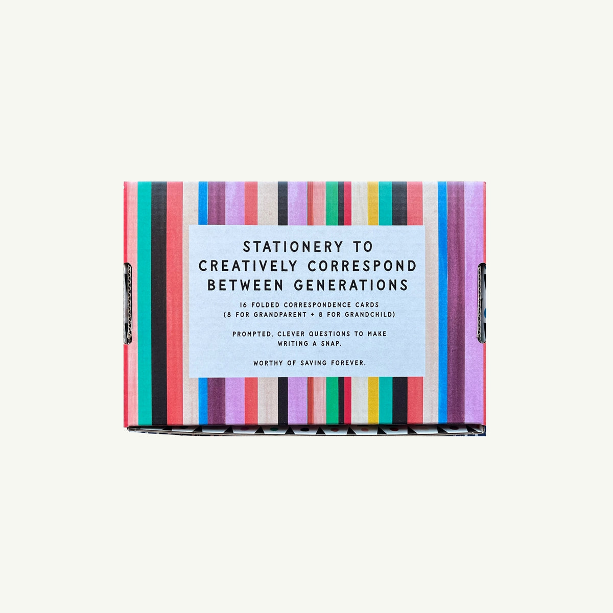 Pack of stationery with colorful striped design on a white background